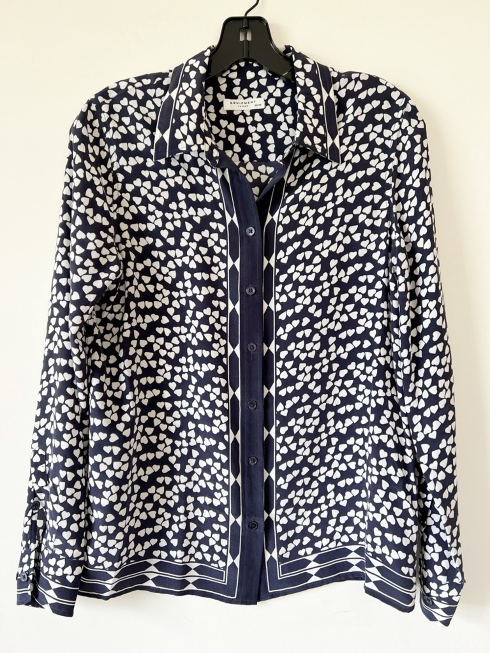 Equipment Navy Button-Down 100% Silk Blouse with White Heart Print Size XS